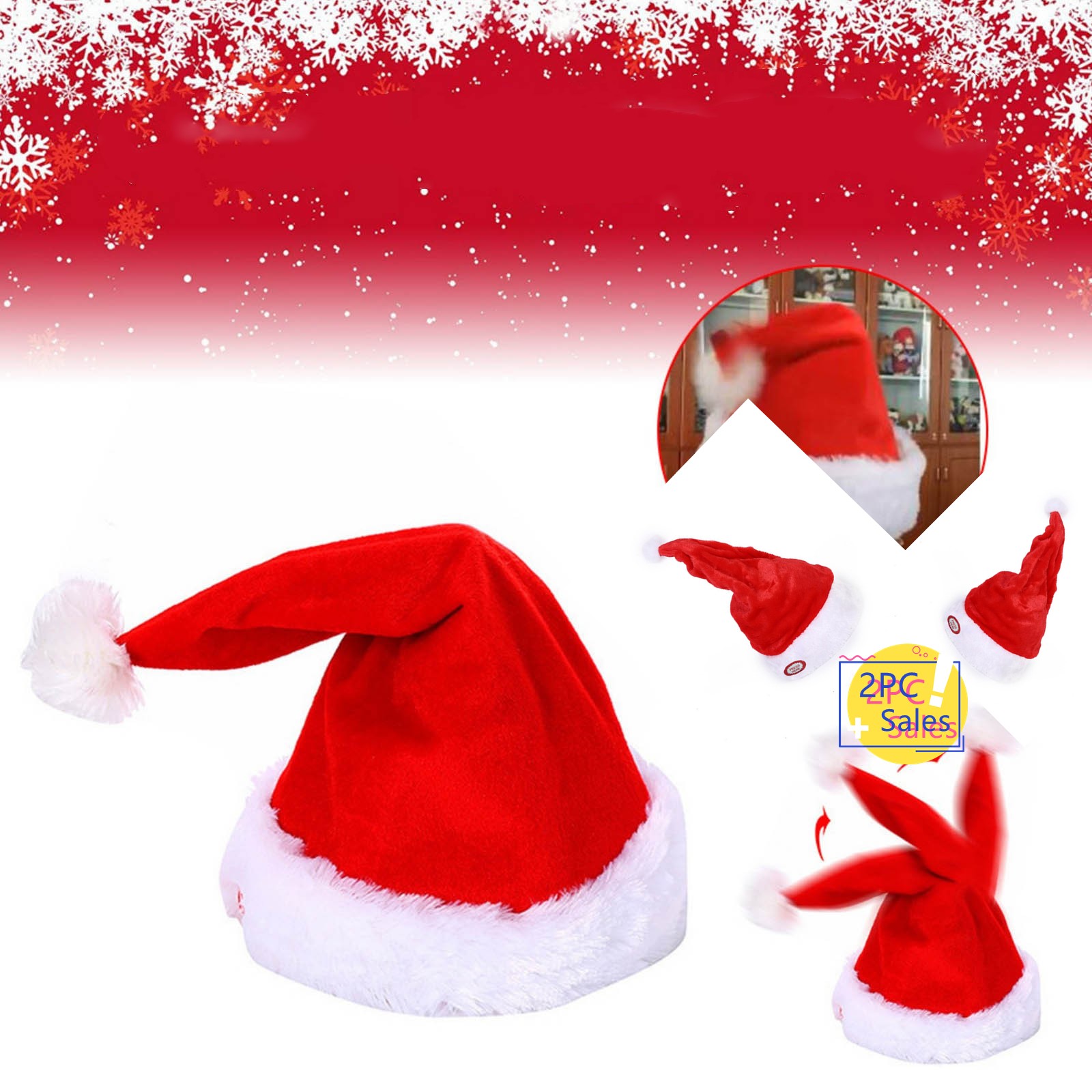 2Pcs Singing and Dancing Santa Hat Electric Christmas Hat Plush Velvet Swing Dancing Christmas Hat Funny Toy Hat for Adults Kids Traditional Red White Christmas Cap for Party New Year Xmas Supplies